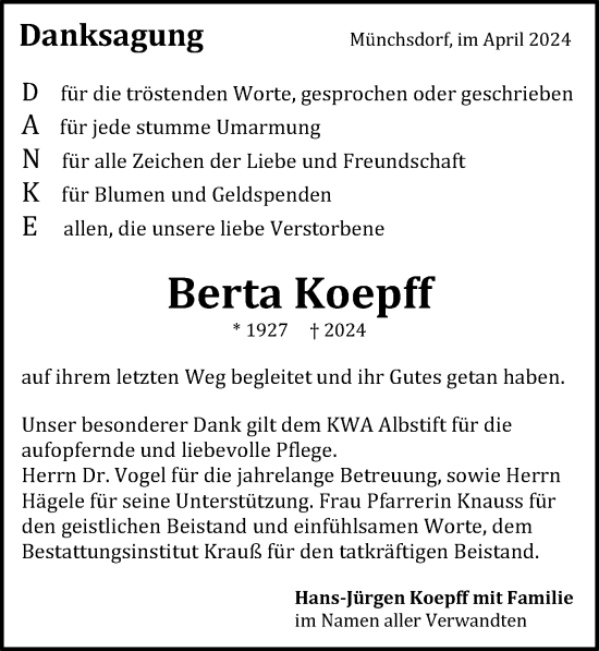 Traueranzeige von Berta Koepff von Schwäbische Post