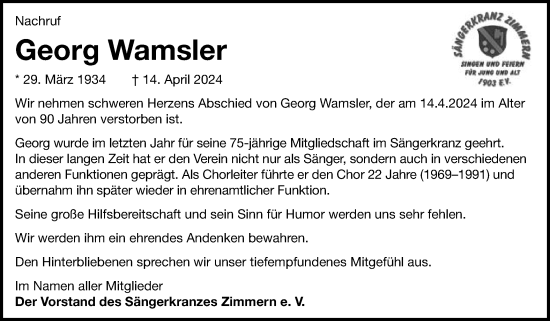 Traueranzeige von Georg Wamsler von Gmünder Tagespost