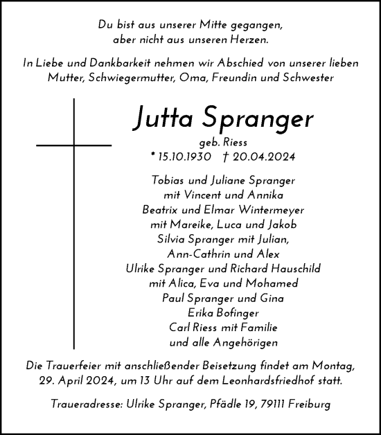 Traueranzeige von Jutta Spranger von Gmünder Tagespost