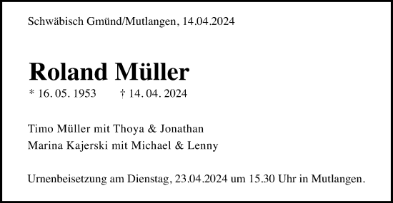 Traueranzeige von Roland Müller von Gmünder Tagespost