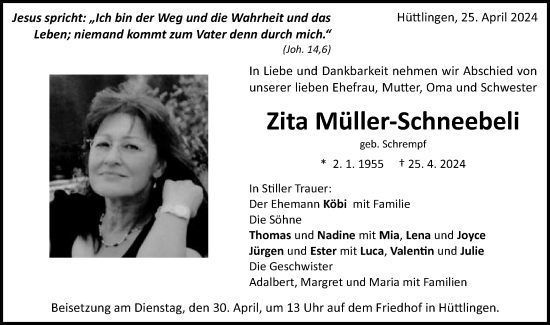 Traueranzeige von Zita Müller-Schneebeli von Schwäbische Post