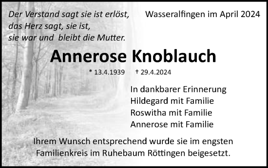 Traueranzeige von Annerose Knoblauch von Schwäbische Post
