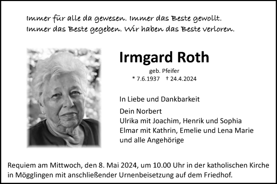 Traueranzeige von Irmgard Roth von Schwäbische Post