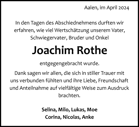 Traueranzeige von Joachim Rothe von Schwäbische Post