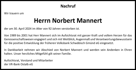 Traueranzeige von Norbert Mannert von Gmünder Tagespost