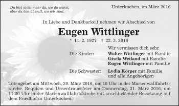 Traueranzeige von Eugen Wittlinger von Schwäbische Post