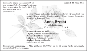 Traueranzeige von Anna Brecht von Gmünder Tagespost