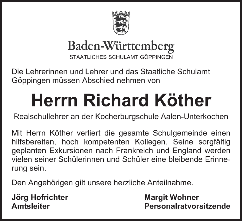  Traueranzeige für Richard Köther vom 09.04.2016 aus Schwäbische Post