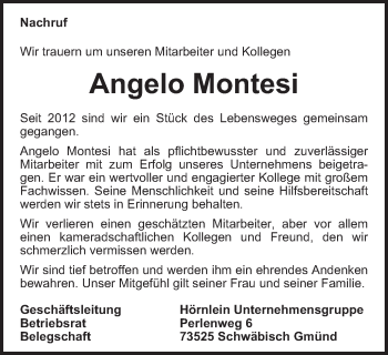 Traueranzeige von Angelo Montesi von Gmünder Tagespost