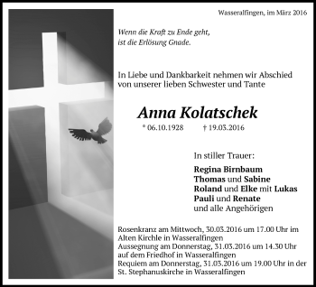 Traueranzeige von Anna Kolatschek von Schwäbische Post
