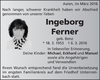 Traueranzeige von Ingeborg Ferner von Schwäbische Post