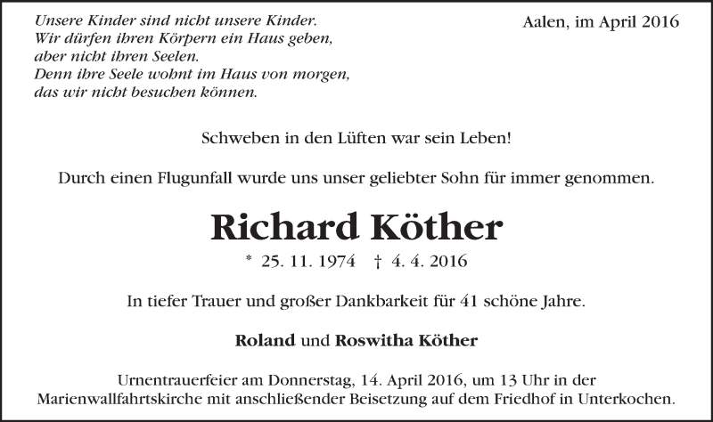  Traueranzeige für Richard Köther vom 09.04.2016 aus Schwäbische Post