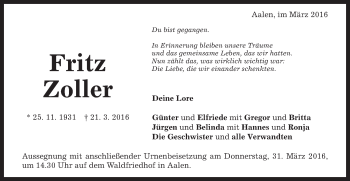 Traueranzeige von Fritz Zoller von Schwäbische Post