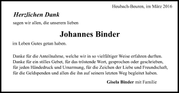 Traueranzeige von Johannes Binder von Gmünder Tagespost