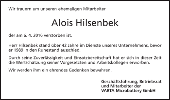 Traueranzeige von Alois Hilsenbek von Schwäbische Post