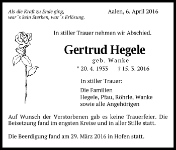 Traueranzeige von Gertrud Hegele von Schwäbische Post