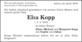 Traueranzeige von Elsa Kopp von Schwäbische Post