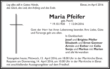 Traueranzeige von Maria Pfeifer von Schwäbische Post
