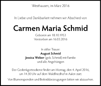 Traueranzeige von Carmen Maria Schmid von Schwäbische Post