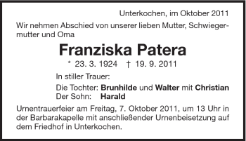 Traueranzeige von Franziska Patera von Schwäbische Post