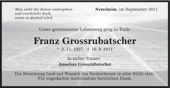 Traueranzeige von Franz Grossrubatscher von Schwäbische Post