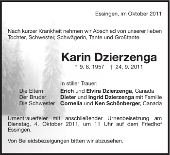 Traueranzeige von Karin Dzierzenga von Schwäbische Post