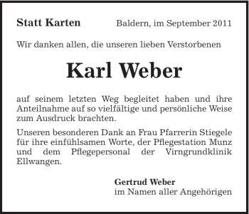 Traueranzeige von Karl Weber von Schwäbische Post