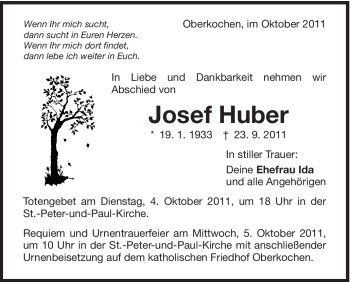 Traueranzeige von Josef Huber von Schwäbische Post