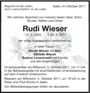 Traueranzeige von Rudi Wieser von Schwäbische Post