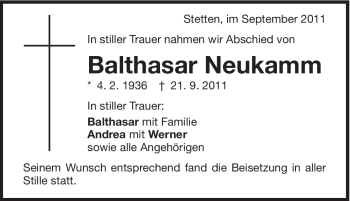 Traueranzeige von Baltasar Neukamm von Schwäbische Post