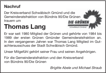 Traueranzeige von Thomas Lang von Gmünder Tagespost