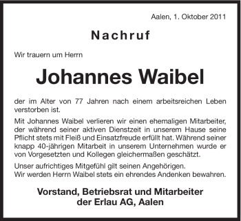 Traueranzeige von Johannes Waibel von Schwäbische Post