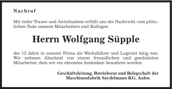 Traueranzeige von Wolfgang Süpple von Schwäbische Post
