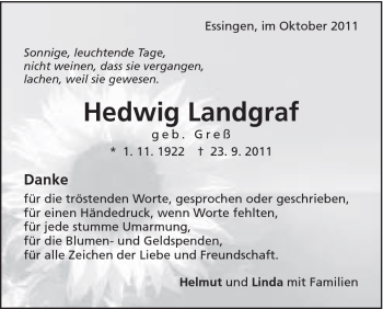 Traueranzeige von Hedwig Landgraf von Schwäbische Post