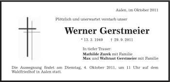 Traueranzeige von Werner Gerstmeier von Schwäbische Post