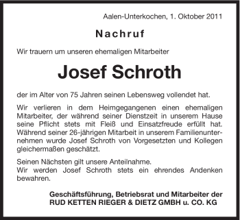 Traueranzeige von Josef Schroth von Schwäbische Post