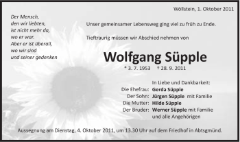 Traueranzeige von Wolfgang Süpple von Schwäbische Post