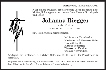 Traueranzeige von Johanna Riegger von Gmünder Tagespost