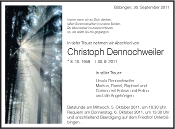 Traueranzeige von Christoph Dennochweiler von Gmünder Tagespost