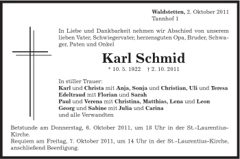 Traueranzeige von Karl Schmid von Gmünder Tagespost