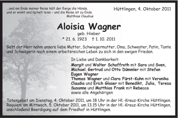 Traueranzeige von Aloisia Wagner von Schwäbische Post