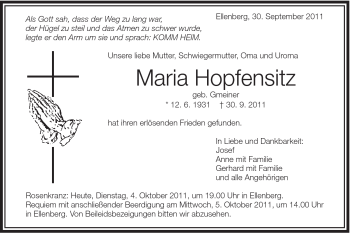 Traueranzeige von Maria Hopfensitz von Schwäbische Post