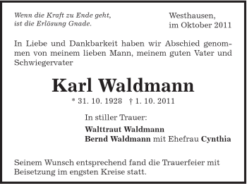 Traueranzeige von Karl Waldmann von Schwäbische Post