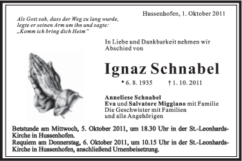 Traueranzeige von Ignaz Schnabel von Gmünder Tagespost