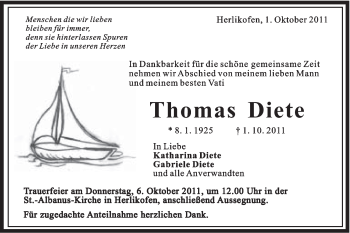 Traueranzeige von Thomas Diete von Gmünder Tagespost