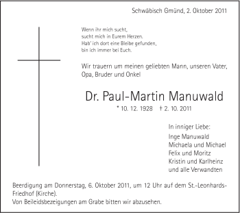 Traueranzeige von Paul Martin Manuwald von Gmünder Tagespost