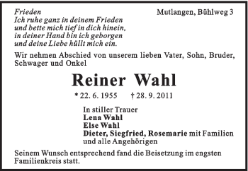 Traueranzeige von Reiner Wahl von Gmünder Tagespost