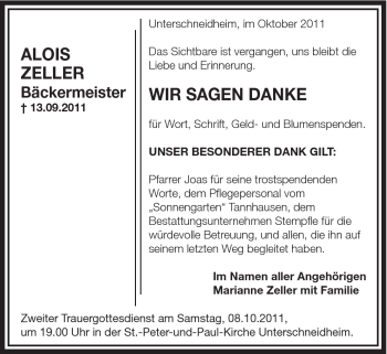 Traueranzeige von Alois Zeller von Schwäbische Post