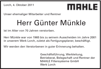 Traueranzeige von Günter Münkle von Gmünder Tagespost