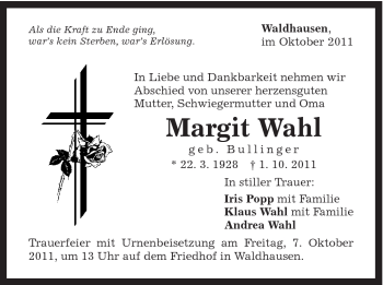 Traueranzeige von Margit Wahl von Gmünder Tagespost